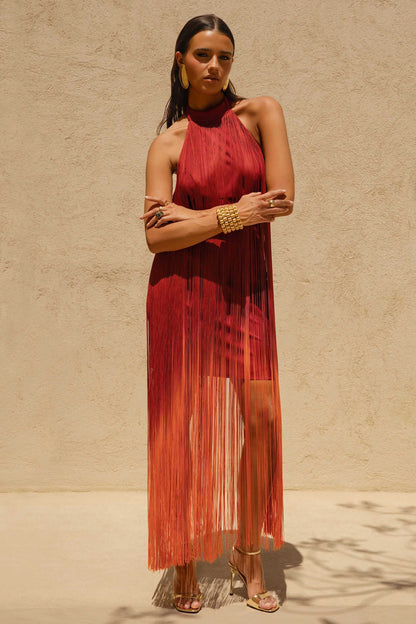 Alessia | Orange Ombre Fringe High-Neck Maxi Dress