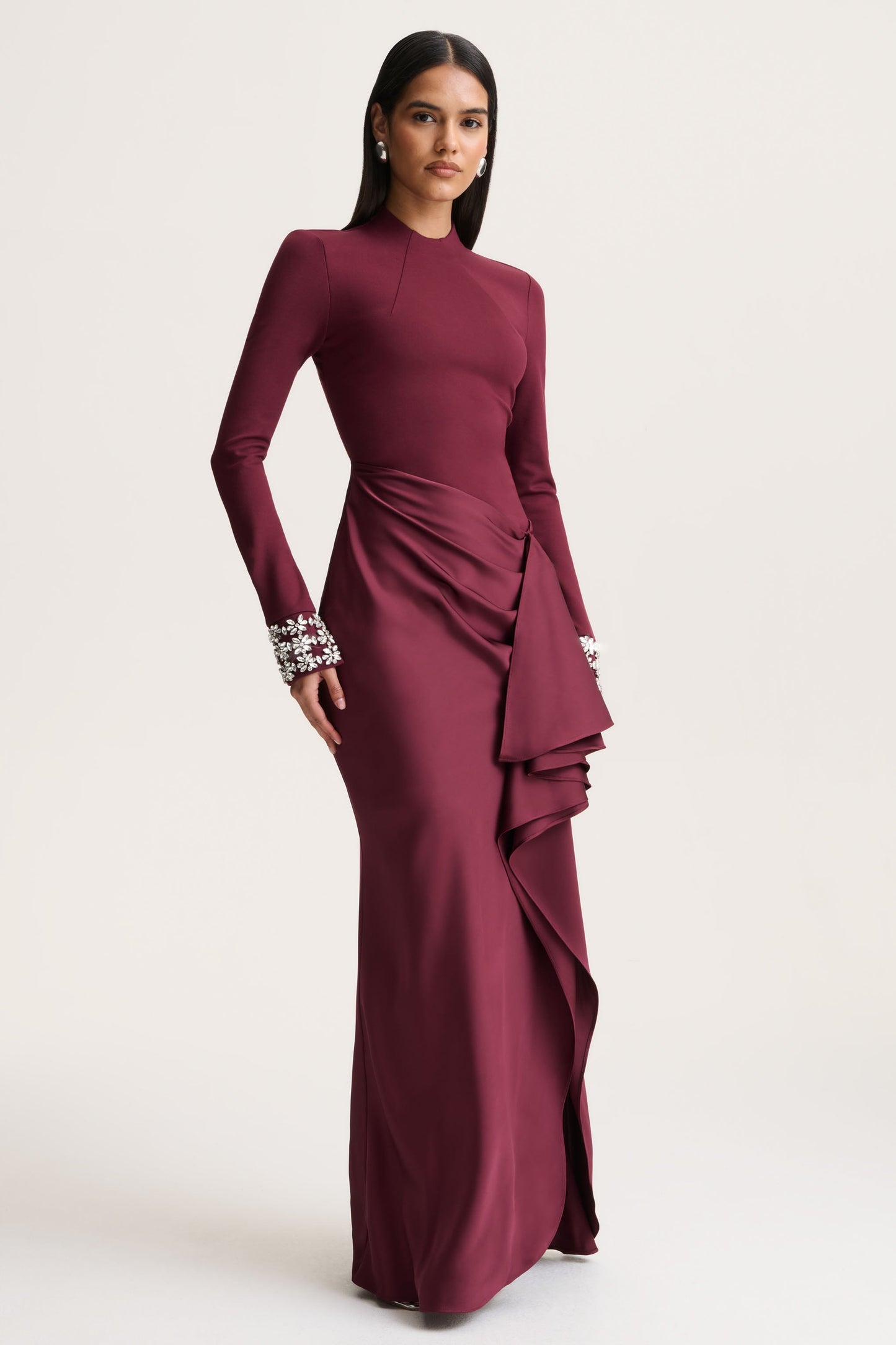 Starred | Burgundy Crew-Neck Maxi Dress With Drop-Waist And Satin Wrap-Skirt