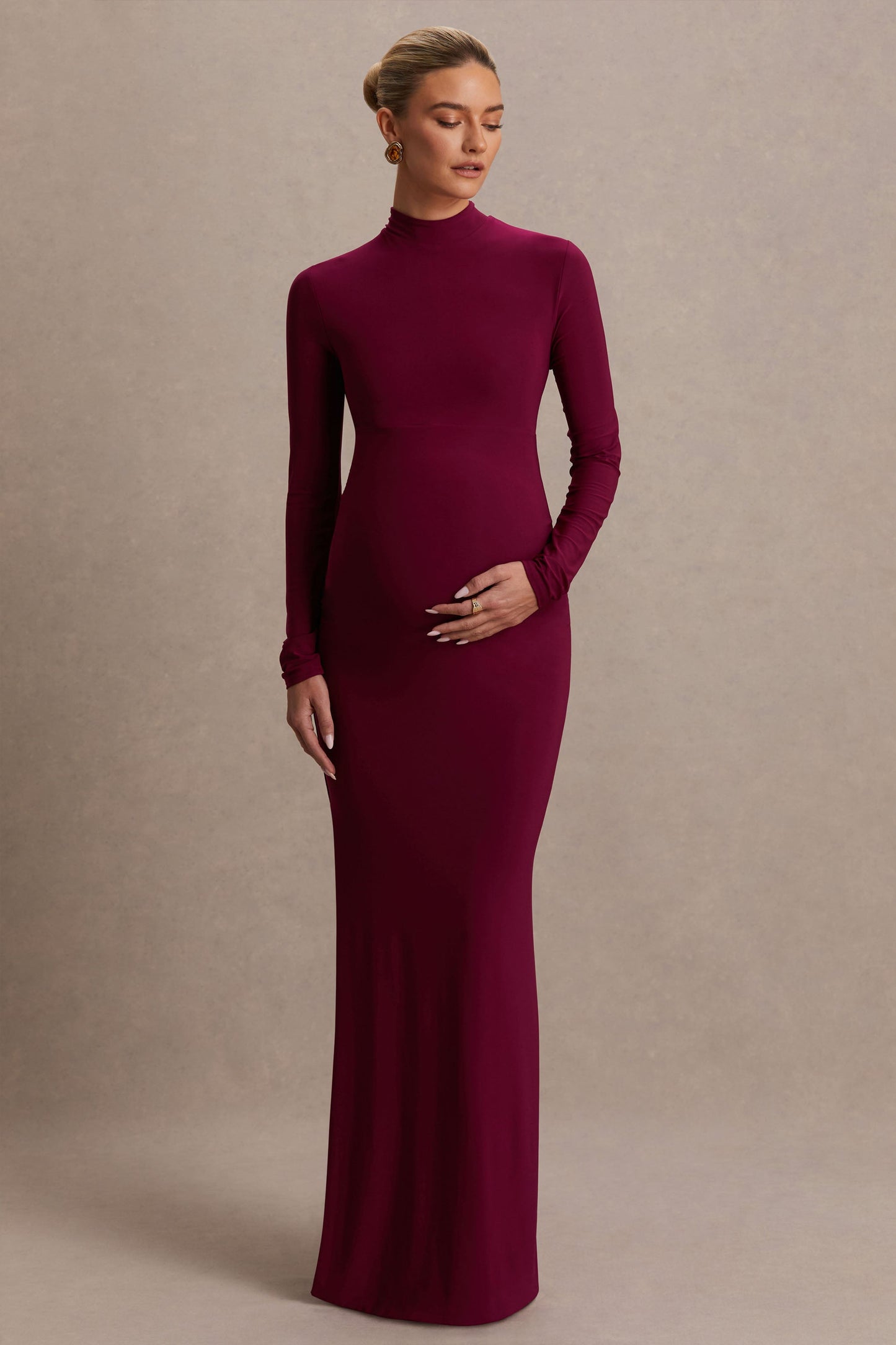 Alejandra | Burgundy Maternity Long Sleeve High Neck Maxi Dress