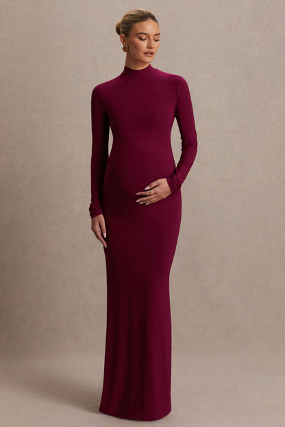 Alejandra | Burgundy Maternity Long Sleeve High Neck Maxi Dress