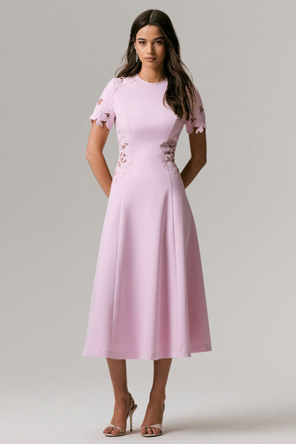 So Sweet | Pink Crew-Neck Midi Dress With Cut-Out Embroidered Detailing