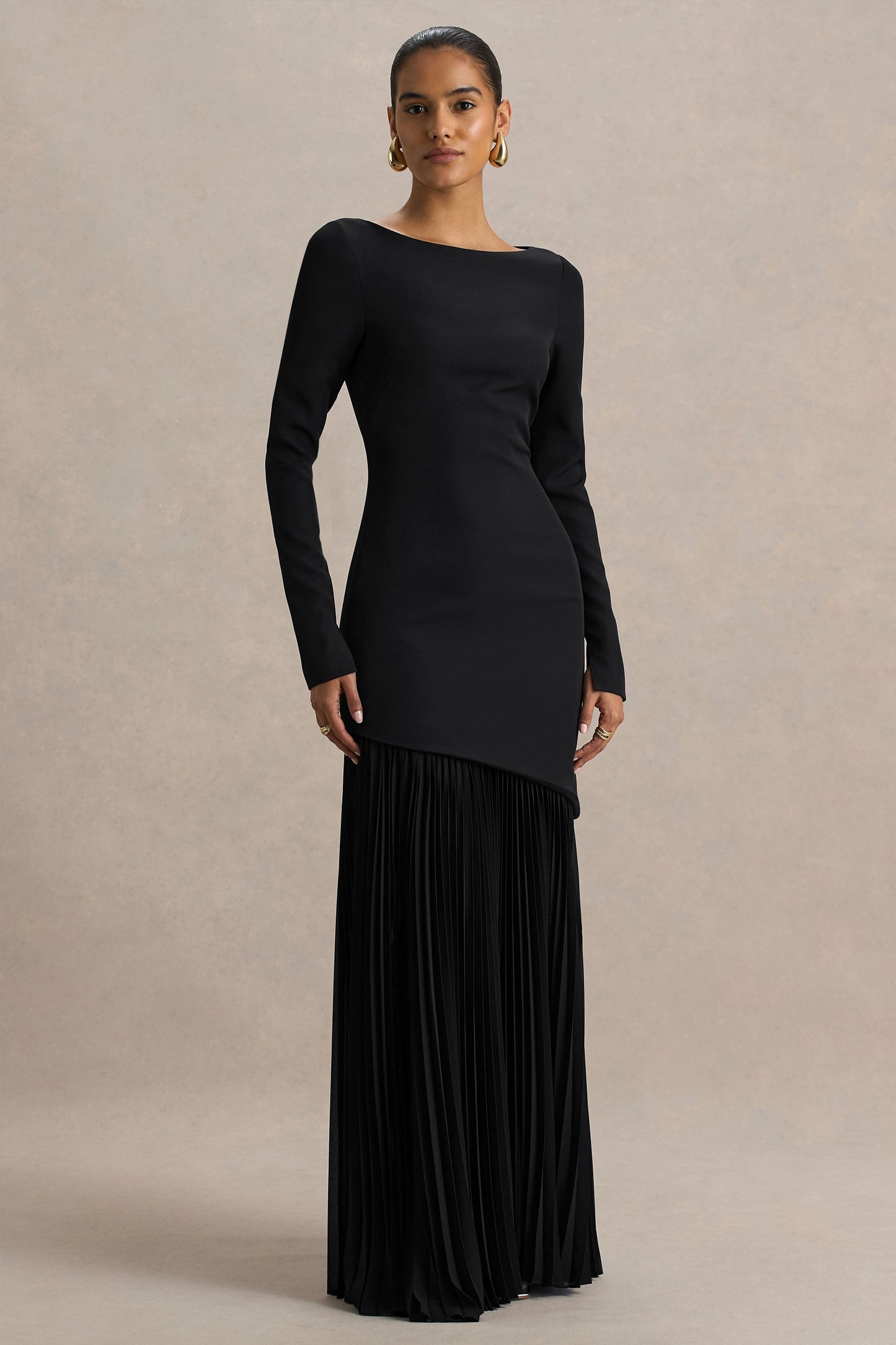 Yanira | Black Crepe And Georgette Boat-Neck Maxi Dress With Drop Waist