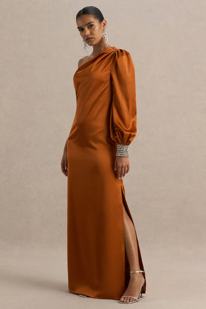 Thelma | Orange Satin Asymmetric Maxi Dress With One-Sleeve