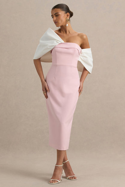 Lucille | Rose & Pink Asymmetric Bardot Midi Dress With Bow Detail