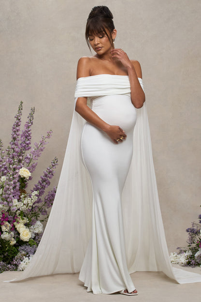 Carlotta | White Bardot Maternity Maxi Dress With Chiffon Cape
