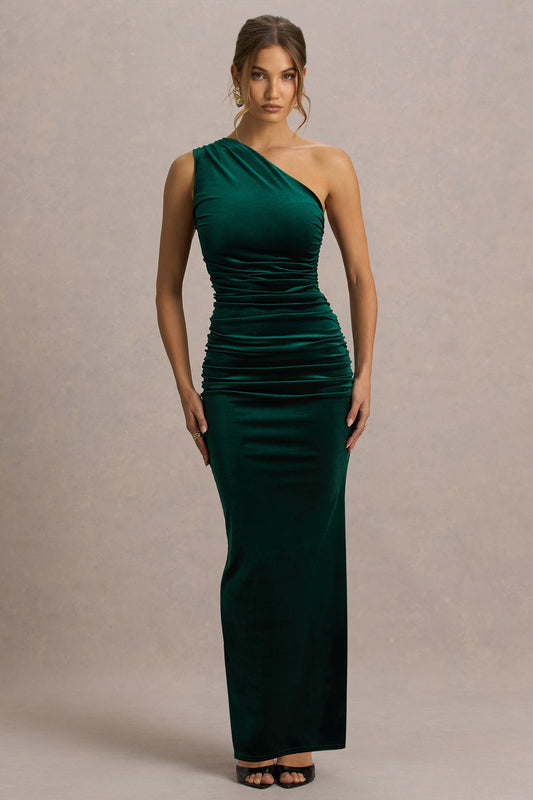 Treat | Bottle Green Velvet Asymmetric-Neck Maxi Dress With Ruched Detailing