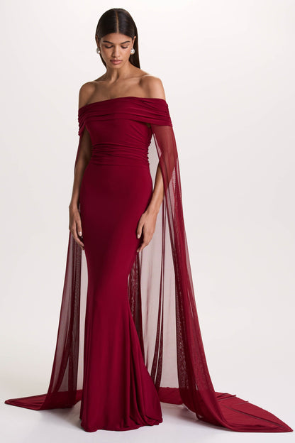 Carlotta | Berry Bardot Maxi Dress With Chiffon Cape
