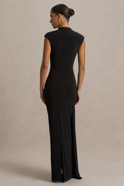 Solene | Black High-Neck Maxi Dress With Wrap And Drape Detail