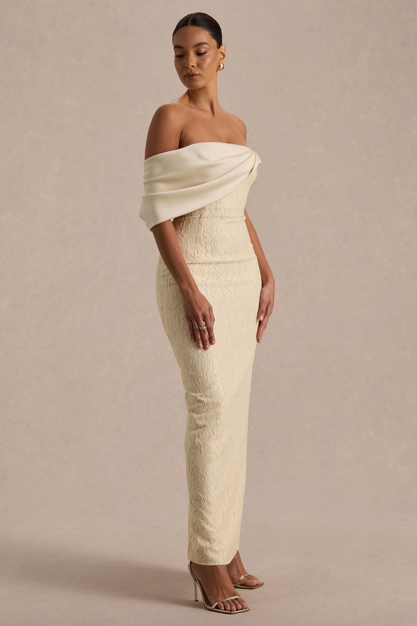 Solora | Cream Lace Twisted Bardot-Neck Maxi Dress