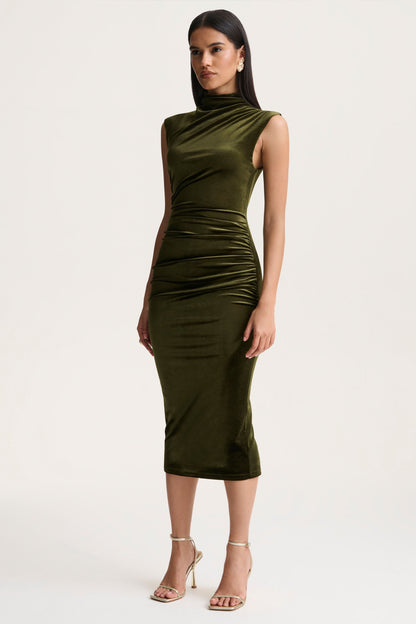 Novine | Olive Velvet High-Neck Midi Dress