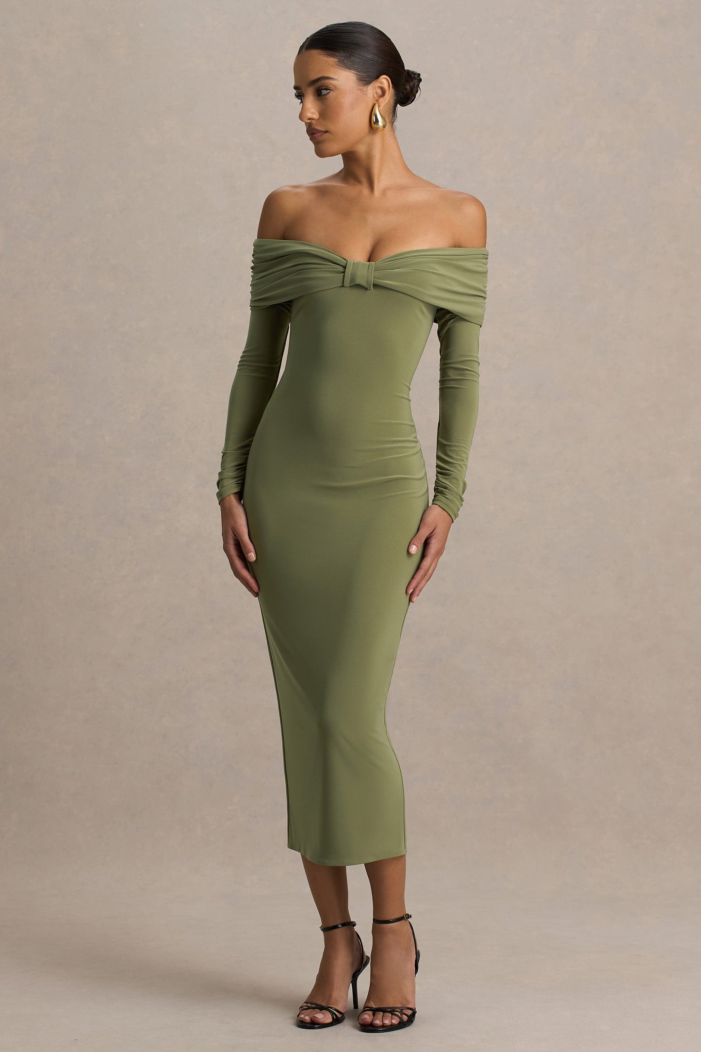 Spark | Olive Bardot-Neck Maxi Dress With Bow Detail