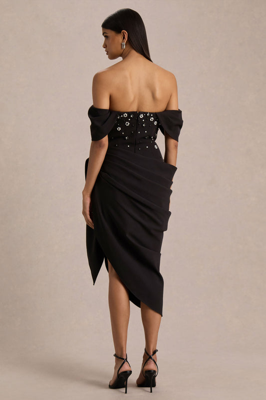 Sylvia | Black Hand-Embellished Bardot-Neck Midi Dress With Draped Satin-Wrap Skirt