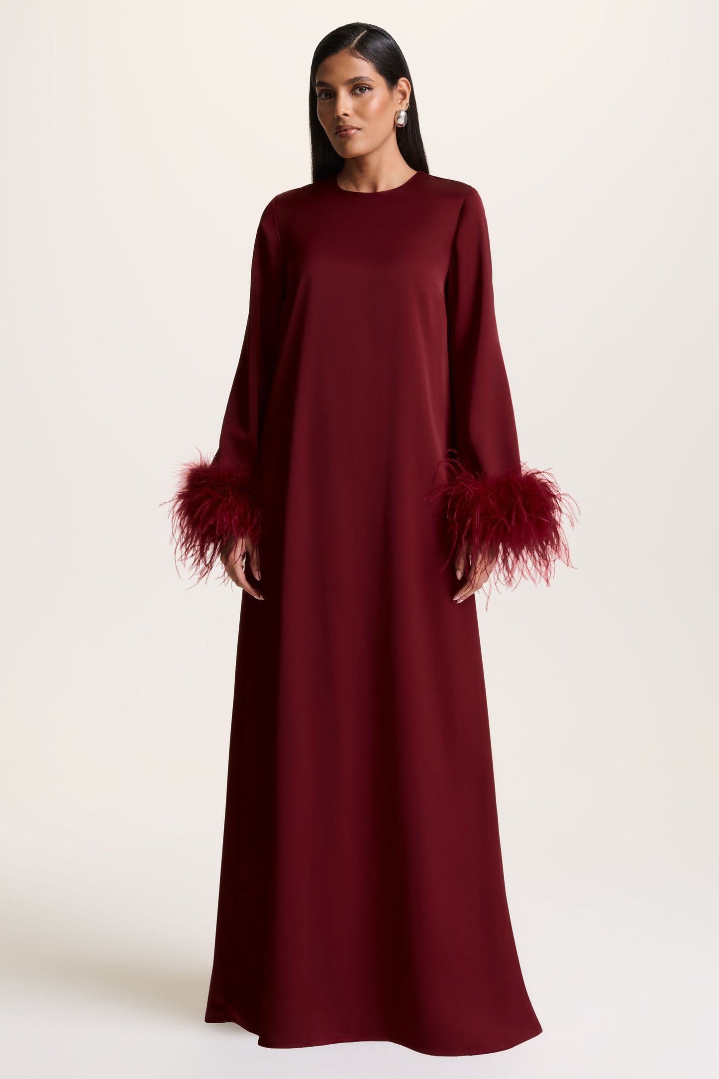 Adella | Burgundy Satin Feather-Trim Maxi Dress