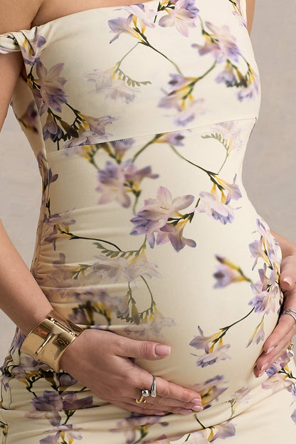 Salome | Lemon Floral Print Floral Print Twisted Asymmetric Maternity Midi Dress