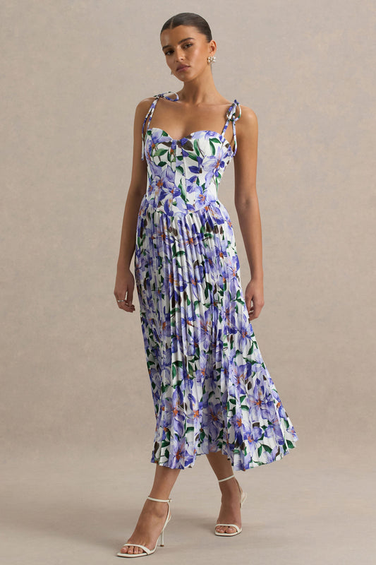 Peyton | Purple Lily Print Satin Sweetheart-Neck Midi Dress With Pleated Details