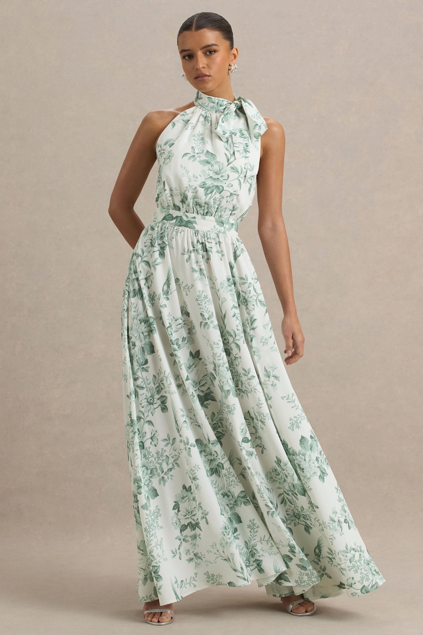 Talia | Green Floral Print High-Neck Maxi Dress With Front High Split