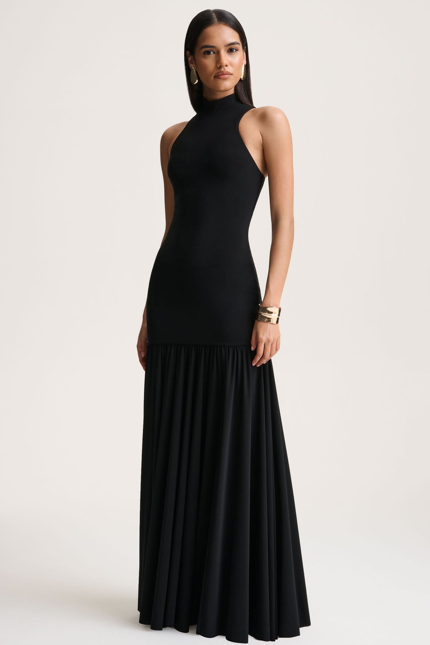 Tasmin | Black High-Neck Maxi Dress With Drop-Waist