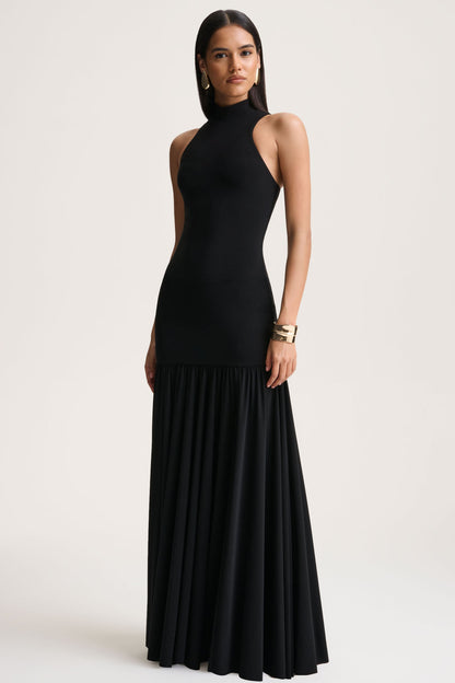 Tasmin | Black High-Neck Maxi Dress With Drop-Waist