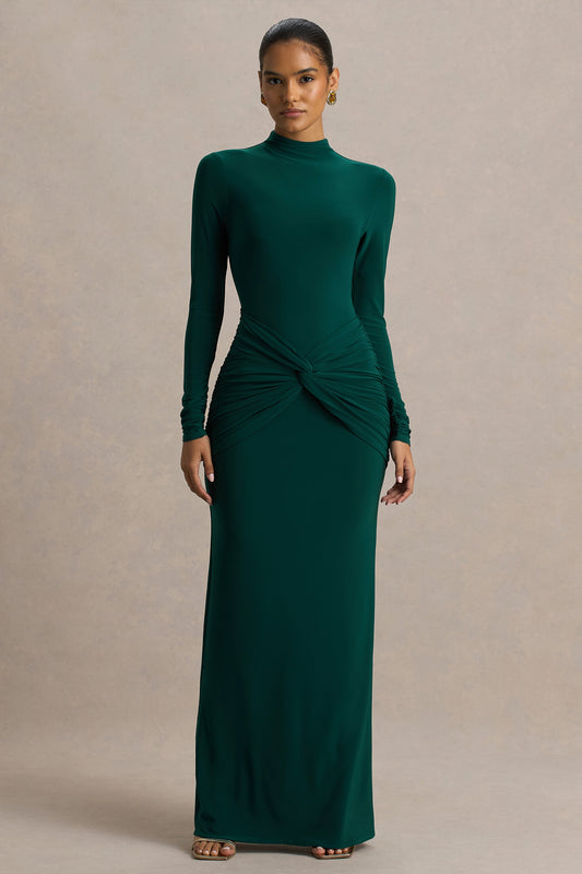 Alula | Bottle Green High-Neck Maxi Dress With Twist Detail
