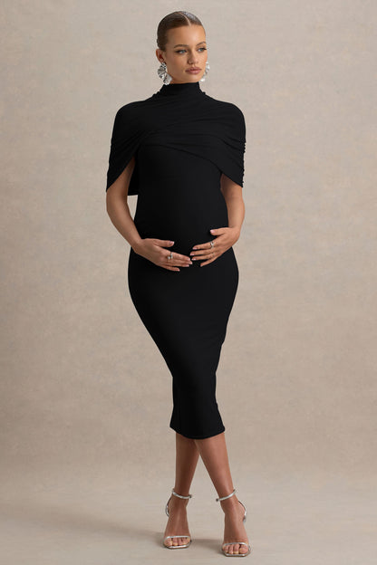 Augustina | Black Maternity Midi Dress With Cape