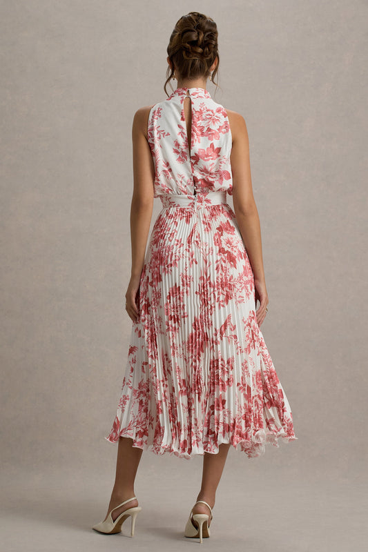 Nila | Pink Porcelain Print Cowl-Neck Midi Dress With Plisse Skirt