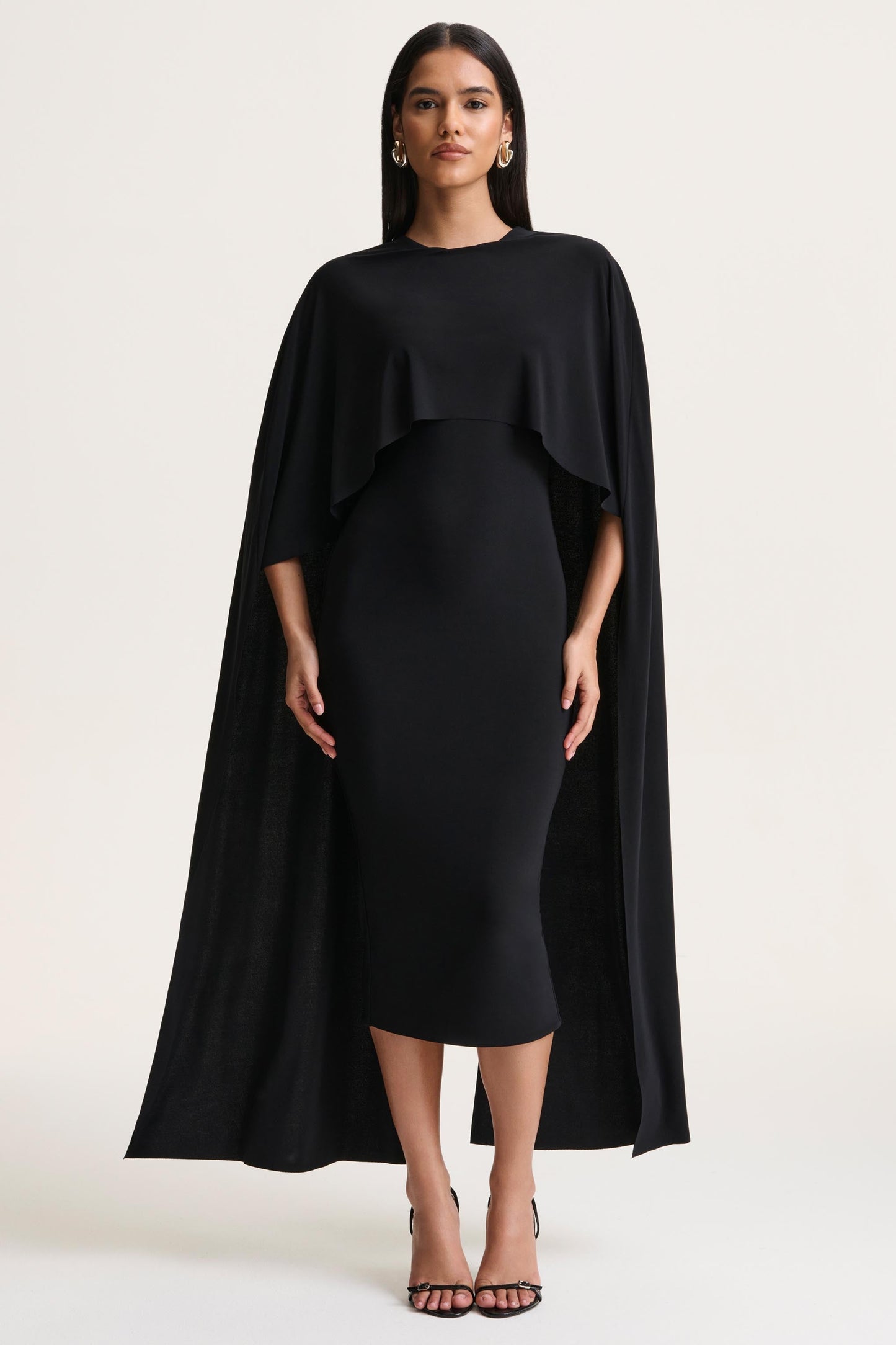 Kalani | Black Crew-Neck Midi Dress With Cape-Sleeves