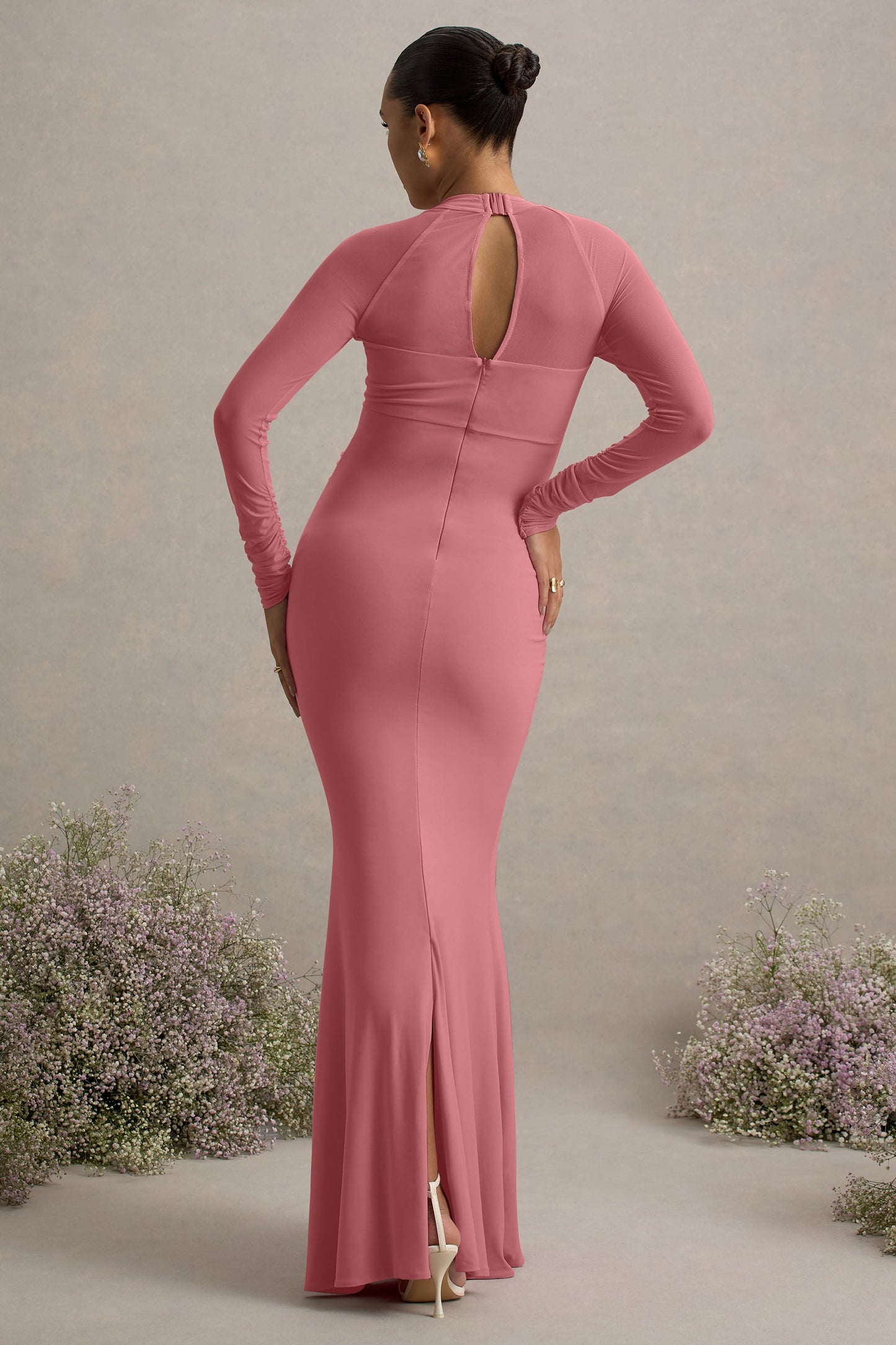 Abeam | Blush Pink Maternity Maxi Dress With Sheer Sleeves