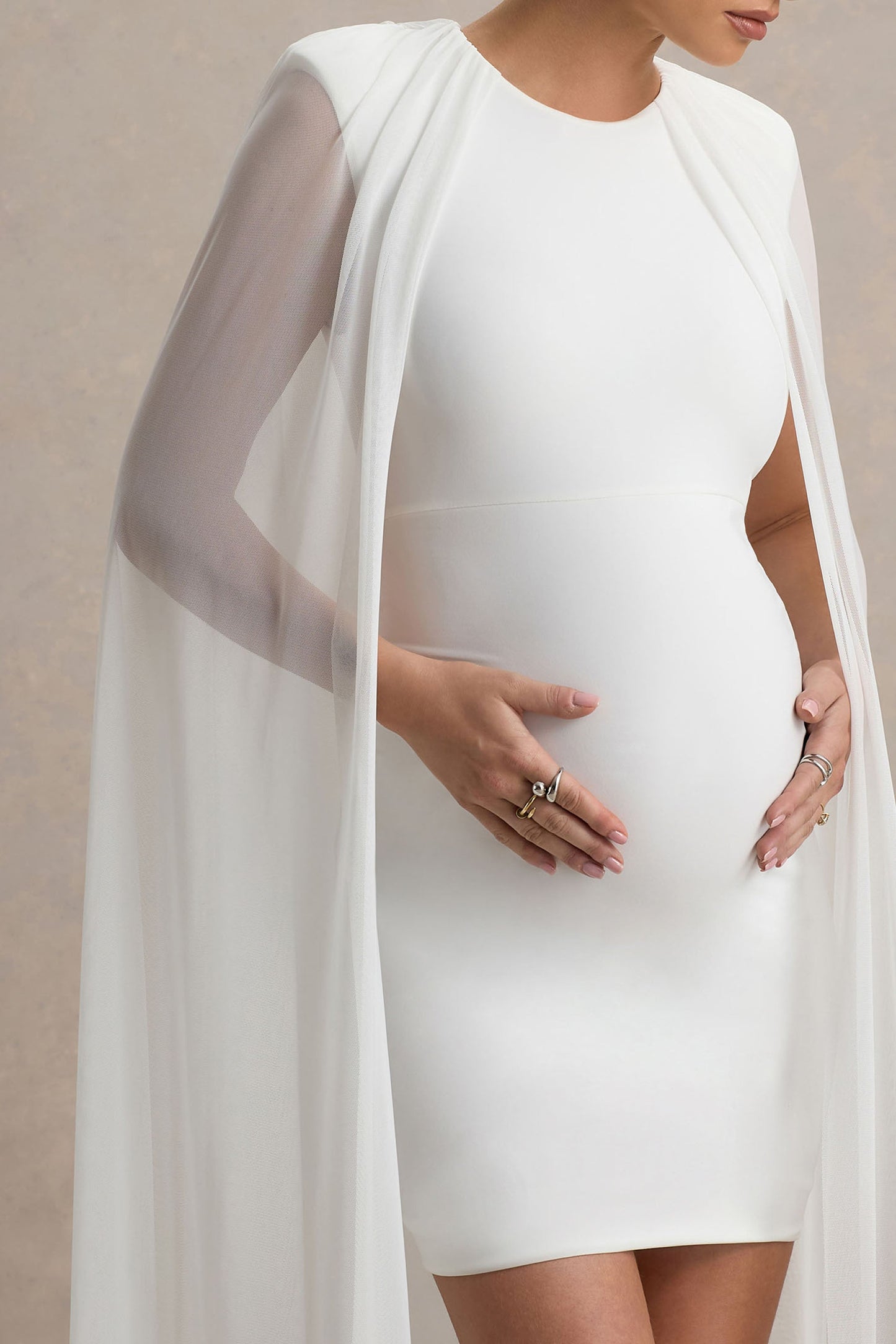 Charlene | White High-Neck Maternity Mini Dress With Mesh Cape