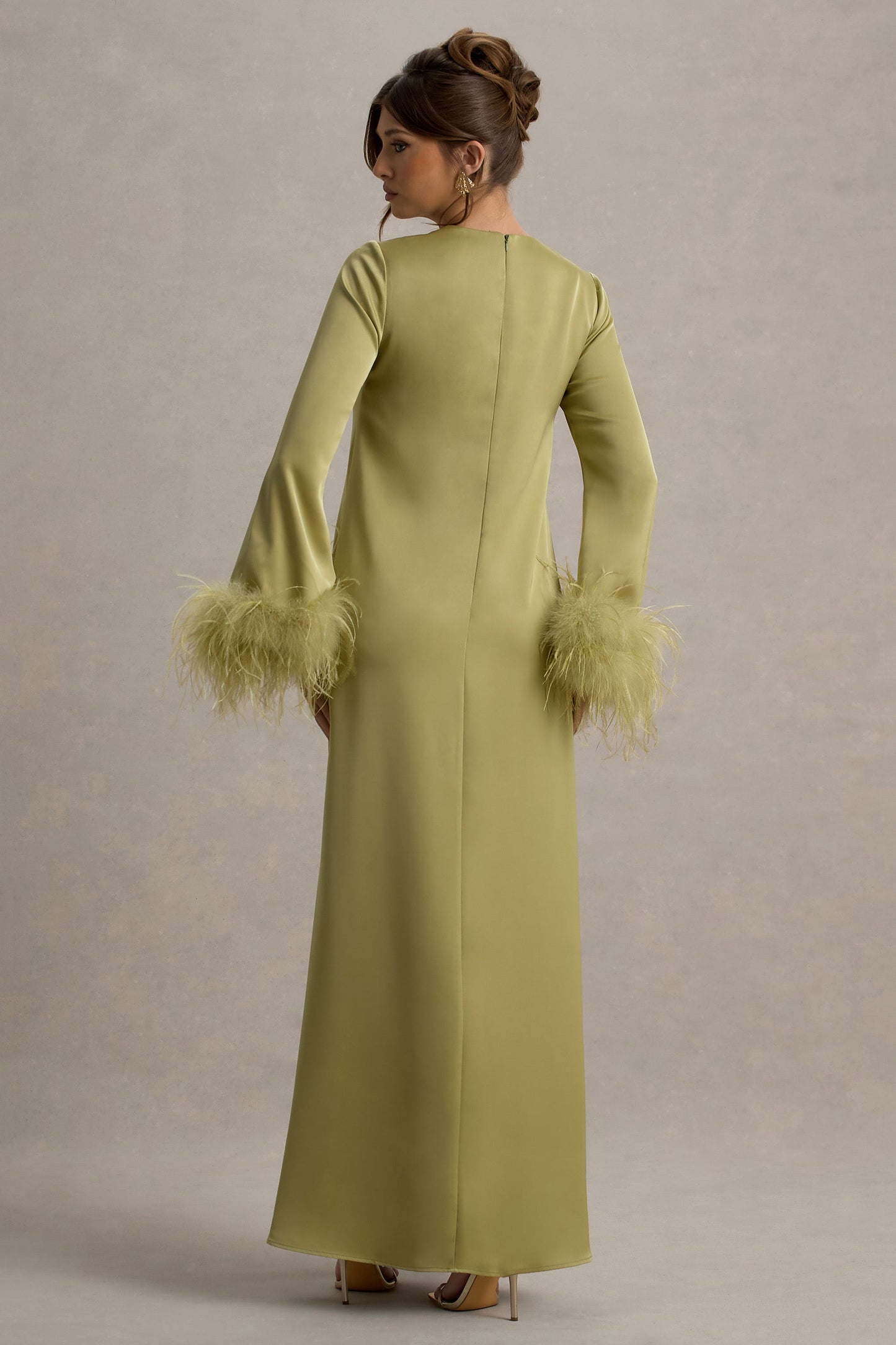 Adella | Light Green Satin Feather-Trim Maxi Dress