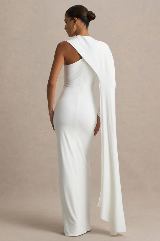 Dawn | Cream High-Neck Maxi Dress With One Long Cape-Sleeve