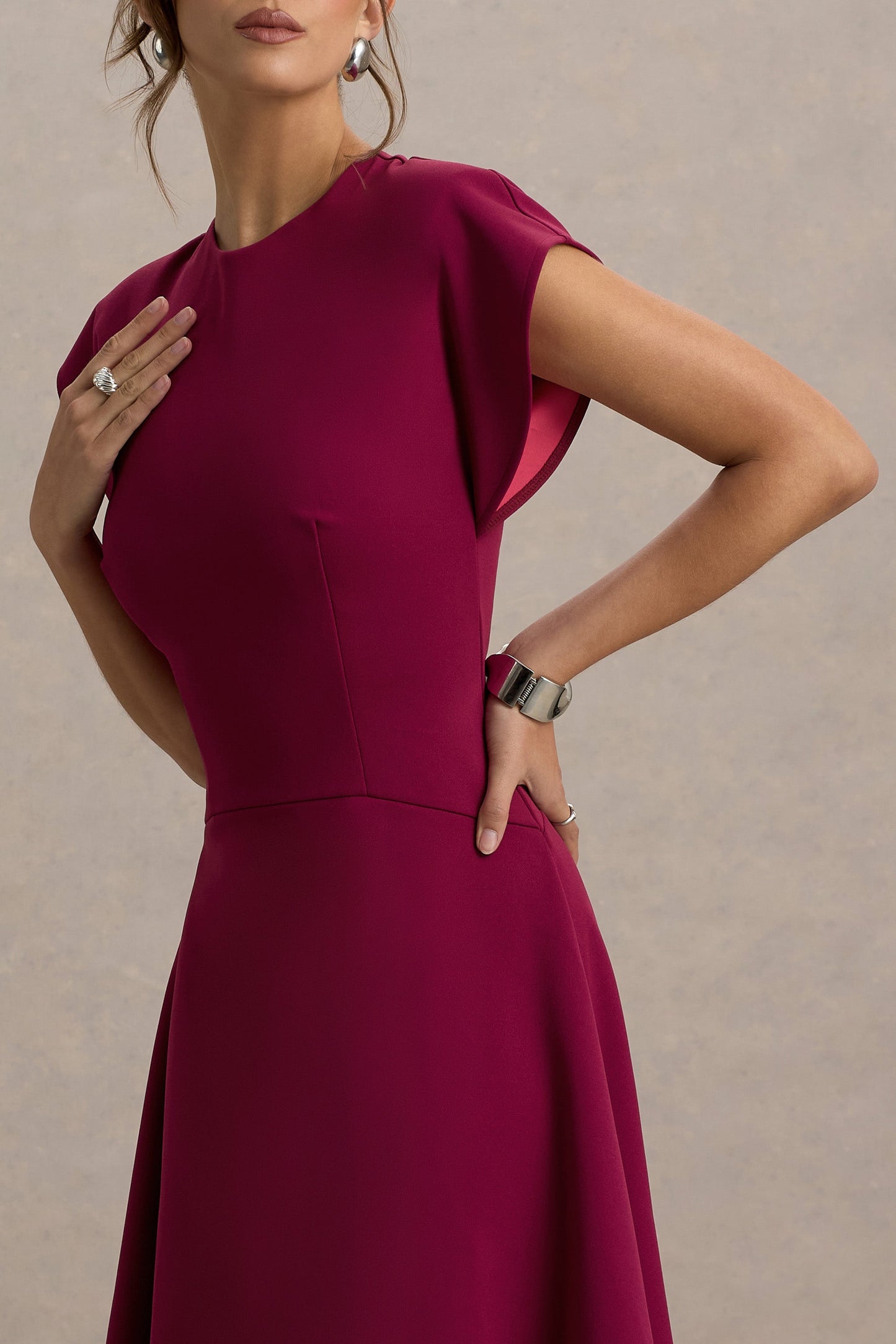 Linda | Dark Cherry Crew-Neck Cap-Sleeve Midi Dress