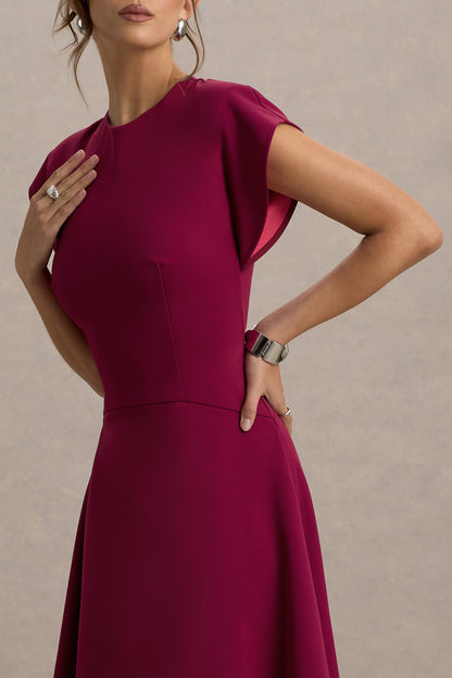 Linda | Dark Cherry Crew-Neck Cap-Sleeve Midi Dress
