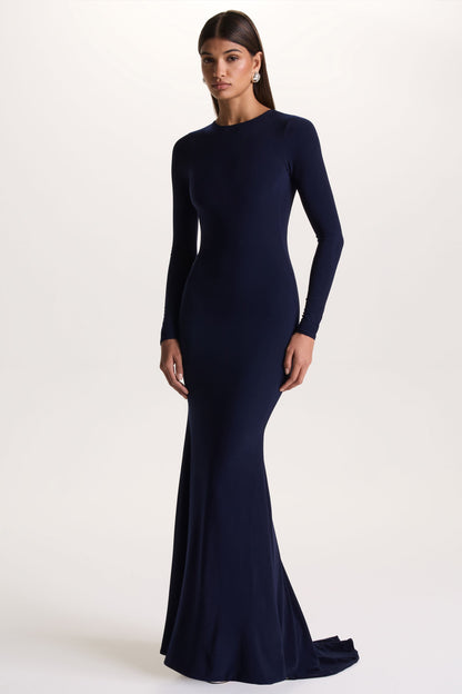 One Step Ahead | Navy Long Sleeve Backless Fishtail Maxi Dress