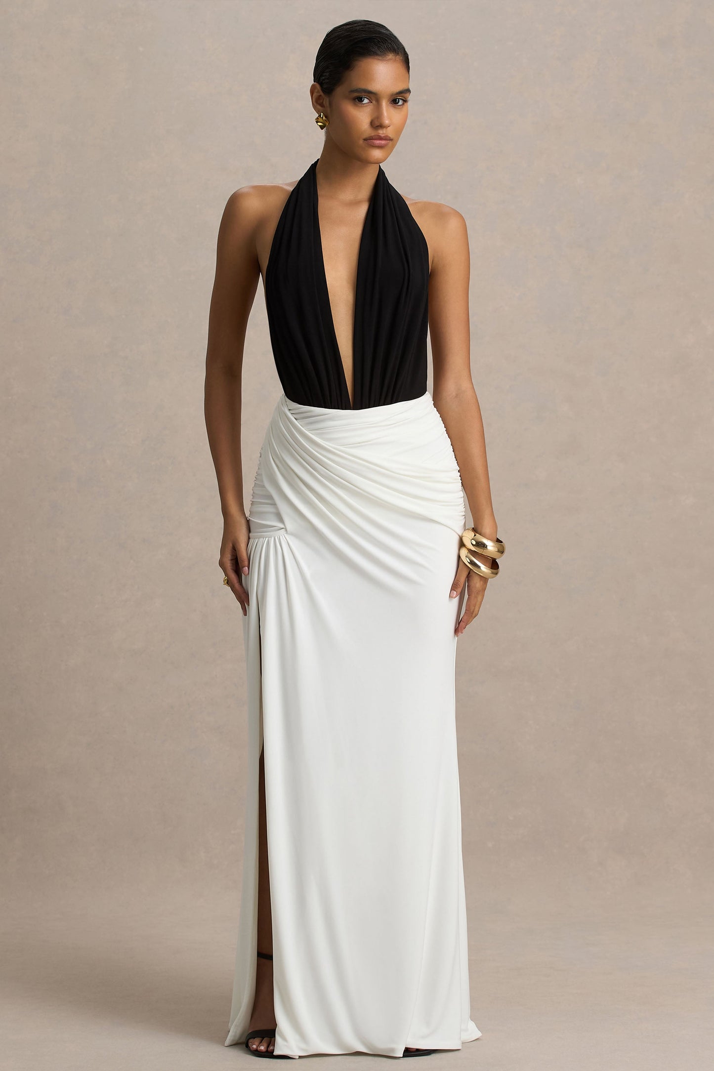 Tilly | Black And White Extreme-Plunge Neck Maxi Dress With Wrap And Ruched Details