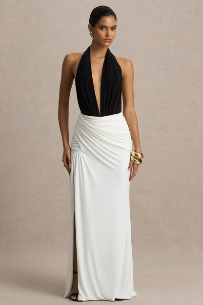 Tilly | Black And White Extreme-Plunge Neck Maxi Dress With Wrap And Ruched Details