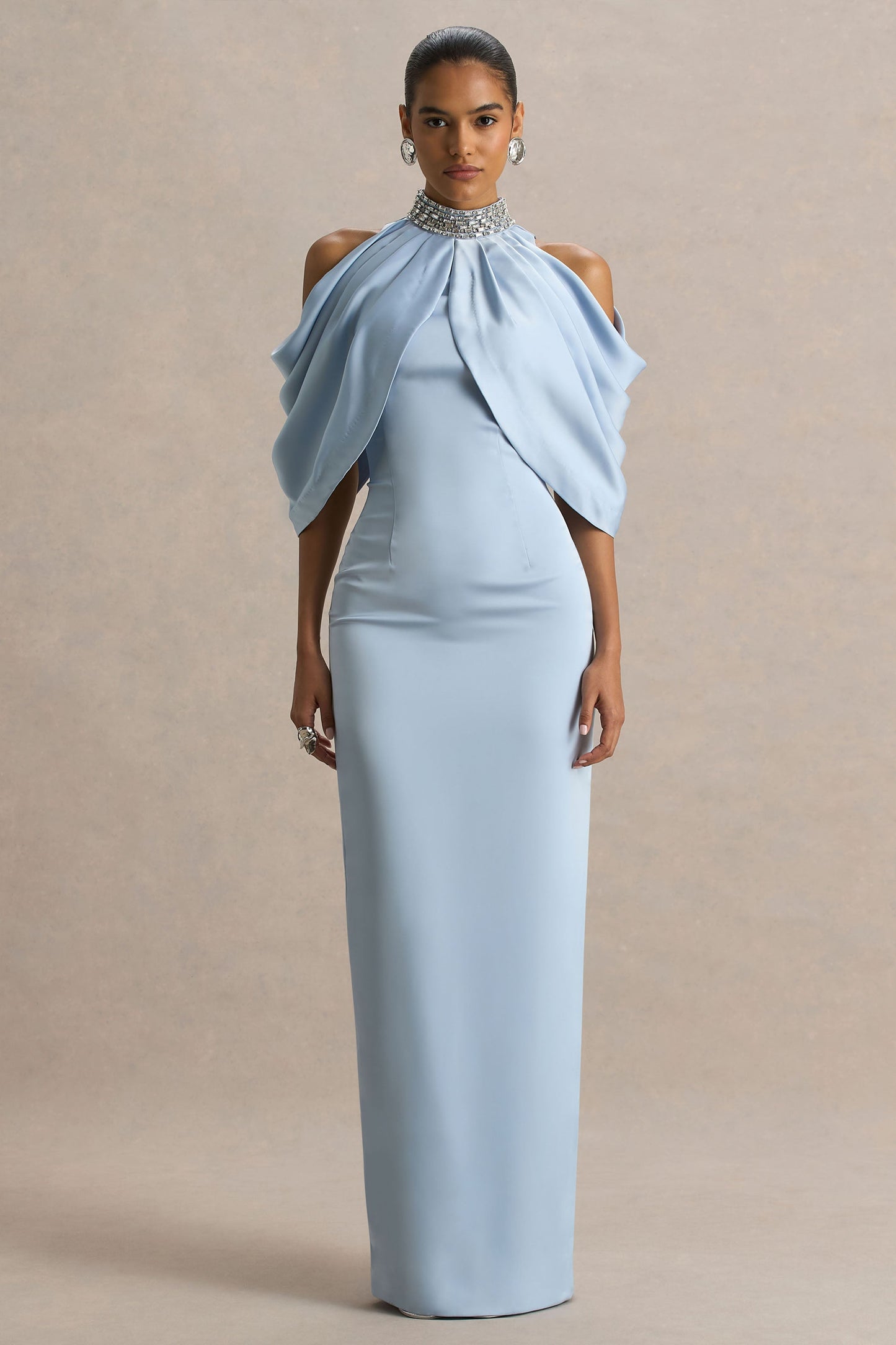Sulliana | Powder Blue Satin High-Neck Maxi Dress With Embellished Detail And Cape Sleeves