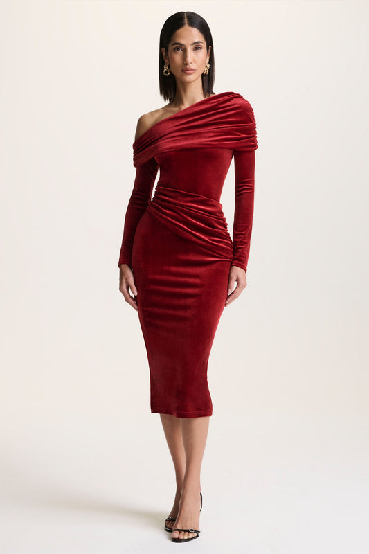 Eirene |  Red Velvet Asymmetric-Neck Midi Dress