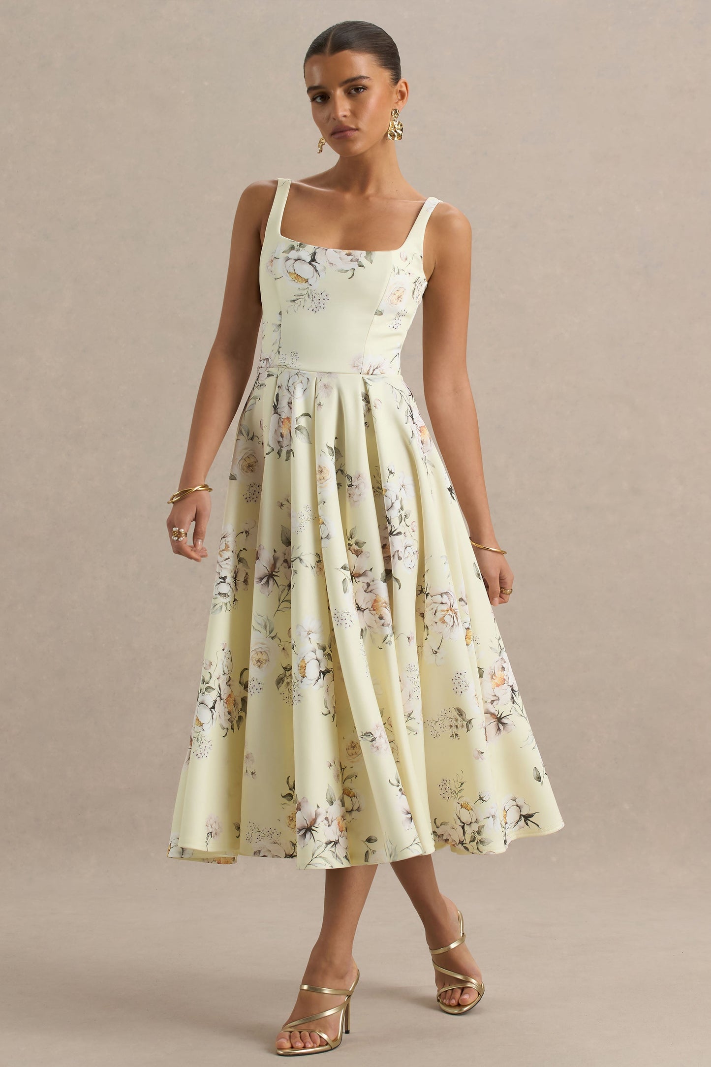 Lissa | Lemon Floral Bouquet Print Square-Neck Midi Dress
