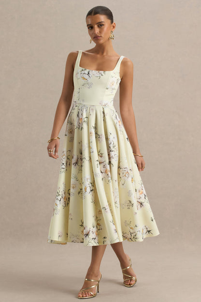Lissa | Lemon Floral Bouquet Print Square-Neck Midi Dress