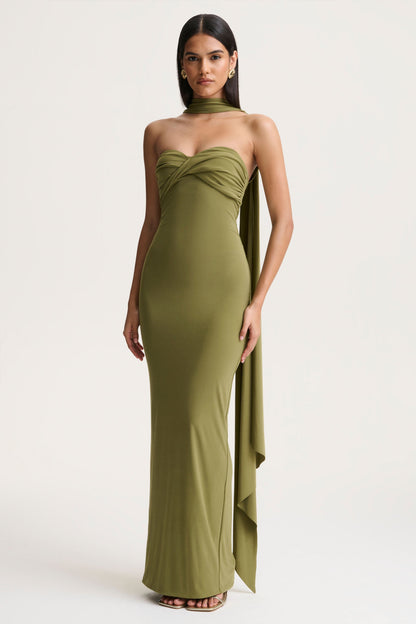 Sheila | Olive Bandeau Maxi Dress With Scarf Detail