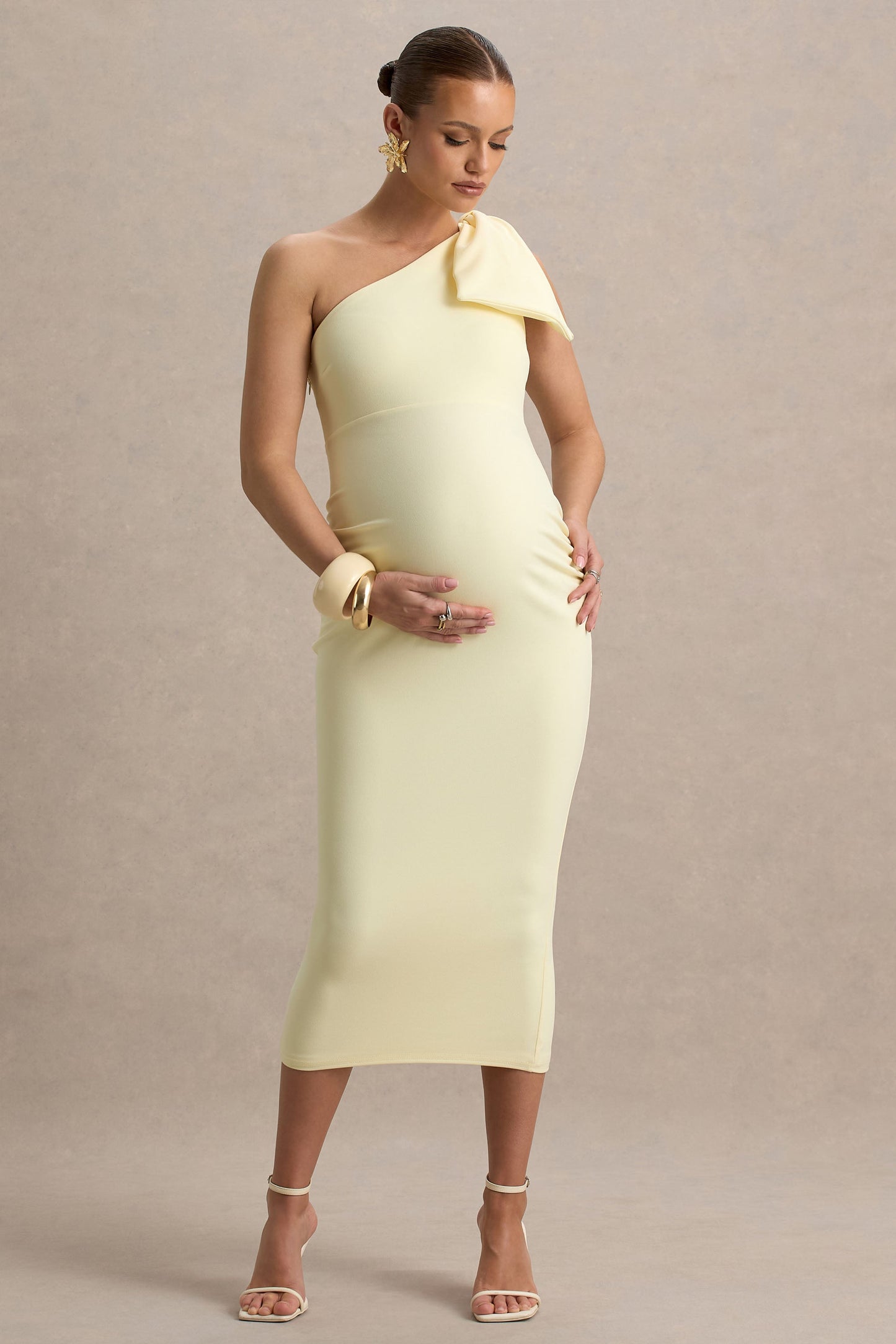 Adorn | Lemon Asymmetric Maternity Midi Dress With Shoulder Bow Detail