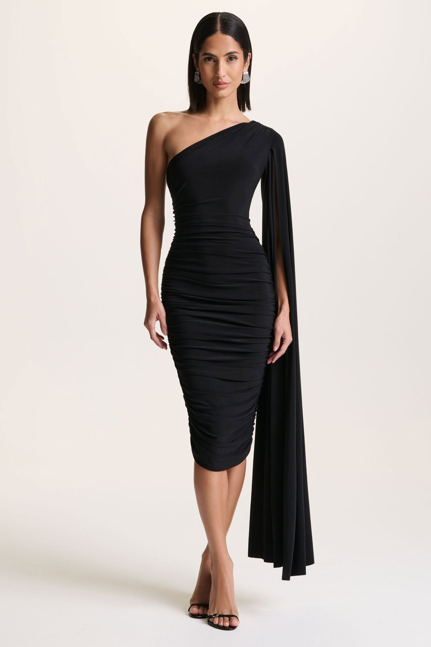 Yara | Black One Shoulder Cape Ruched Midi Dress