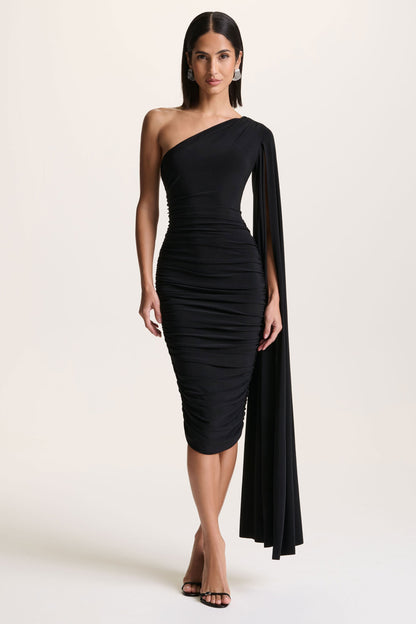 Yara | Black One Shoulder Cape Ruched Midi Dress