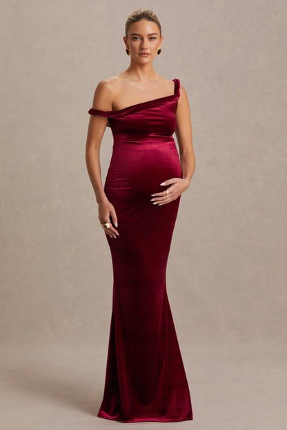 Tallulah | Burgundy Velvet Asymmetric-Neck Maternity Maxi Dress With Twist-Sleeve