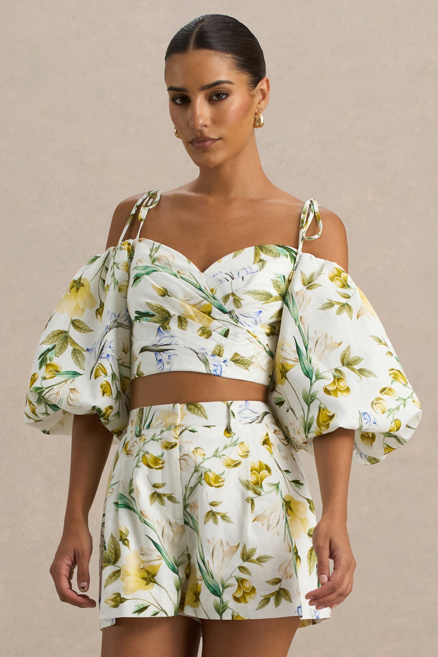Amberly | White Linen Botanical Print Plunge-Neck Ruffled Crop Top