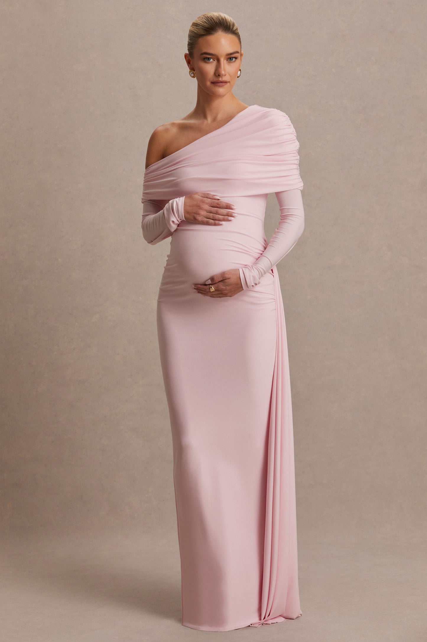 Amara | Blush Pink Asymmetric-Neck Maternity Maxi Dress With Sash Detail