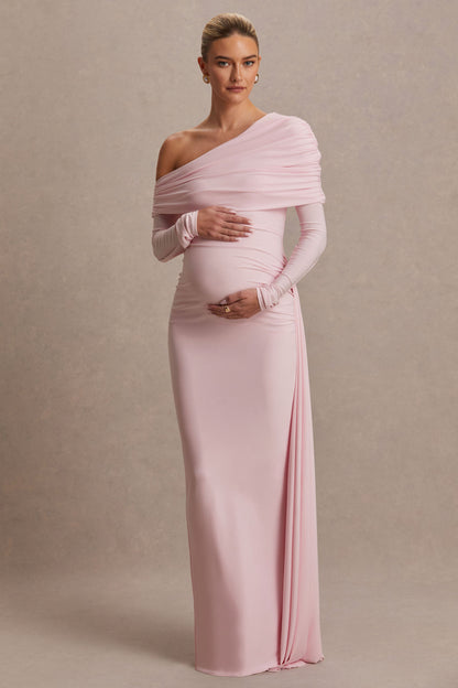 Amara | Blush Pink Asymmetric-Neck Maternity Maxi Dress With Sash Detail