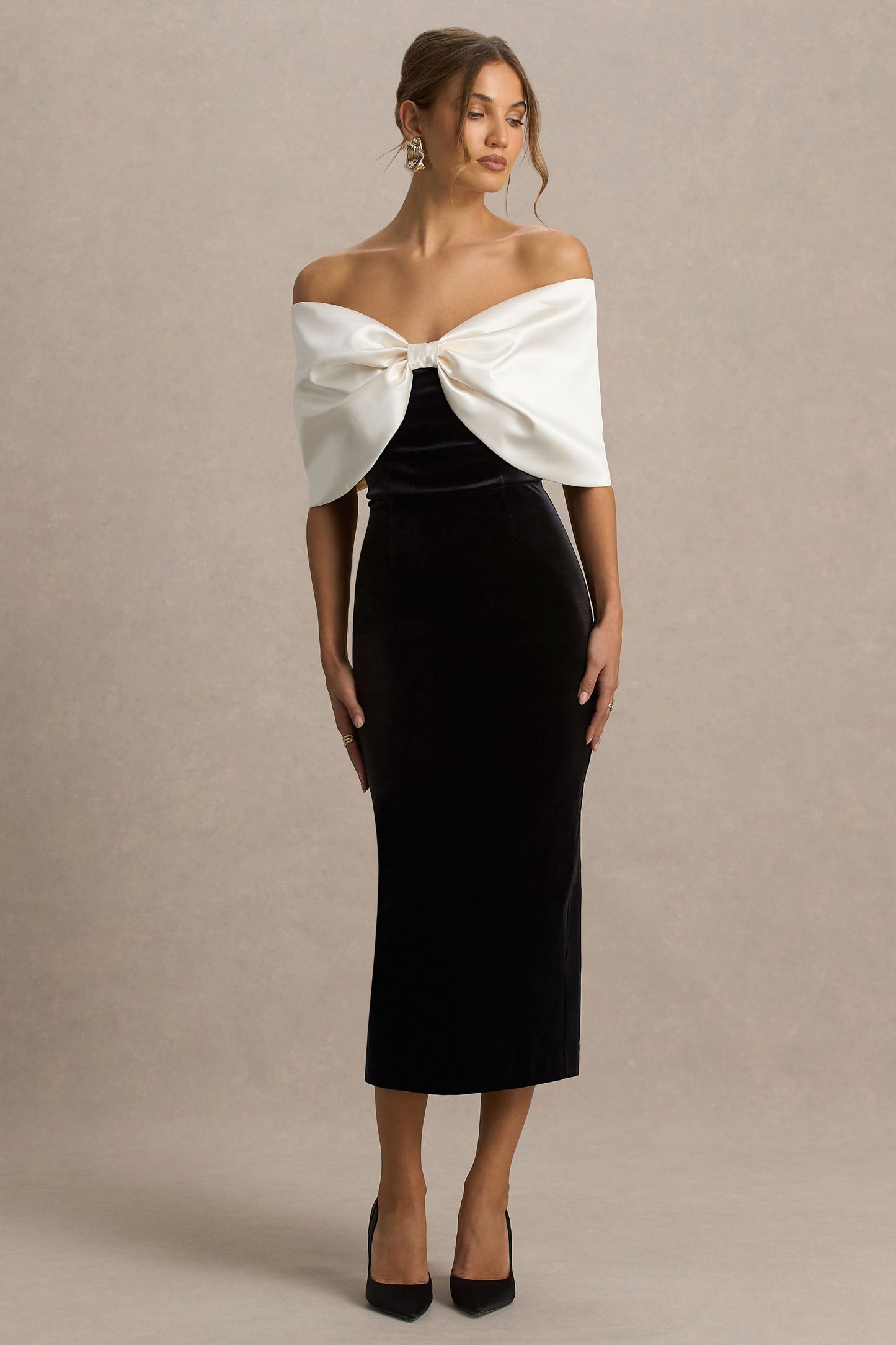 Twilight | Black And White Velvet Bardot-Neck Midi Dress With Oversized Satin Bow