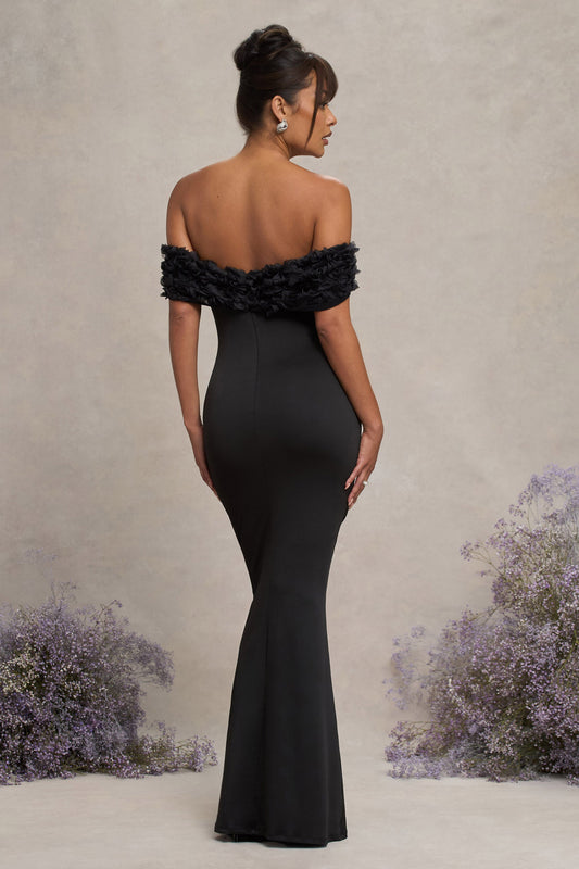 Inflorescence | Black Mesh Floral Bardot Maternity Maxi Dress