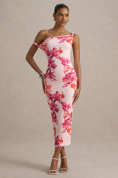 Tatian | Pink and Orange Floral Print Twisted Asymmetric Midi Dress